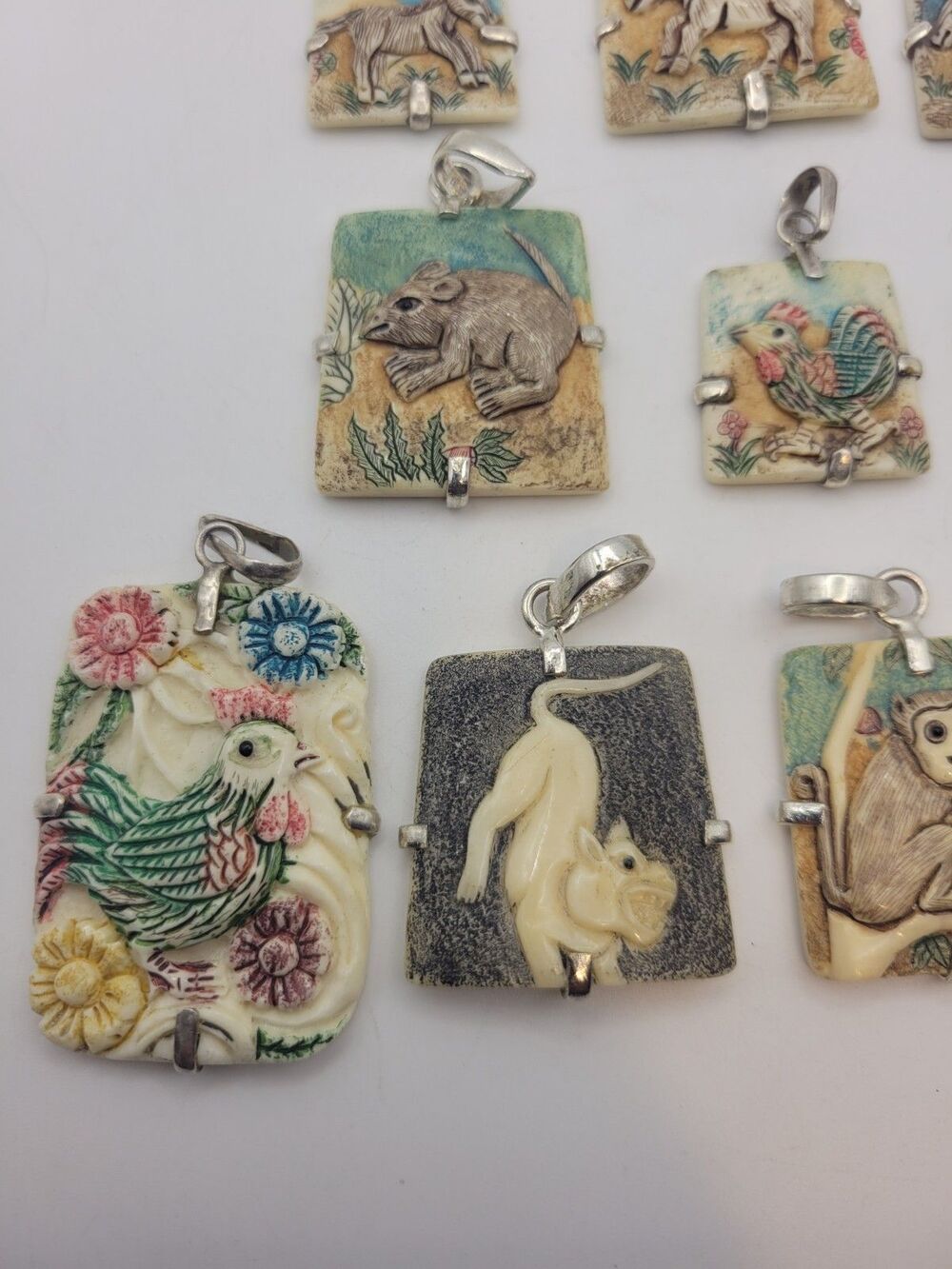 Vintage Hand-Carved Bone Chinese Zodiac Pendant Lot 10pc Sterling Silver READ - Picture 3 of 12